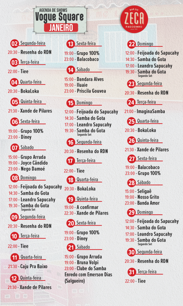 Bar do Zeca Pagodinho BAR VOGUE SQUARE Janeiro Agenda Cultural