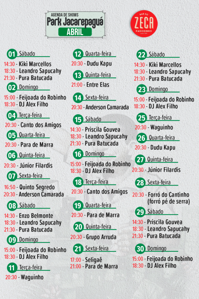 Bar do Zeca Pagodinho BAR PARKJACAREPAGUÁ ABRIL Agenda Cultural