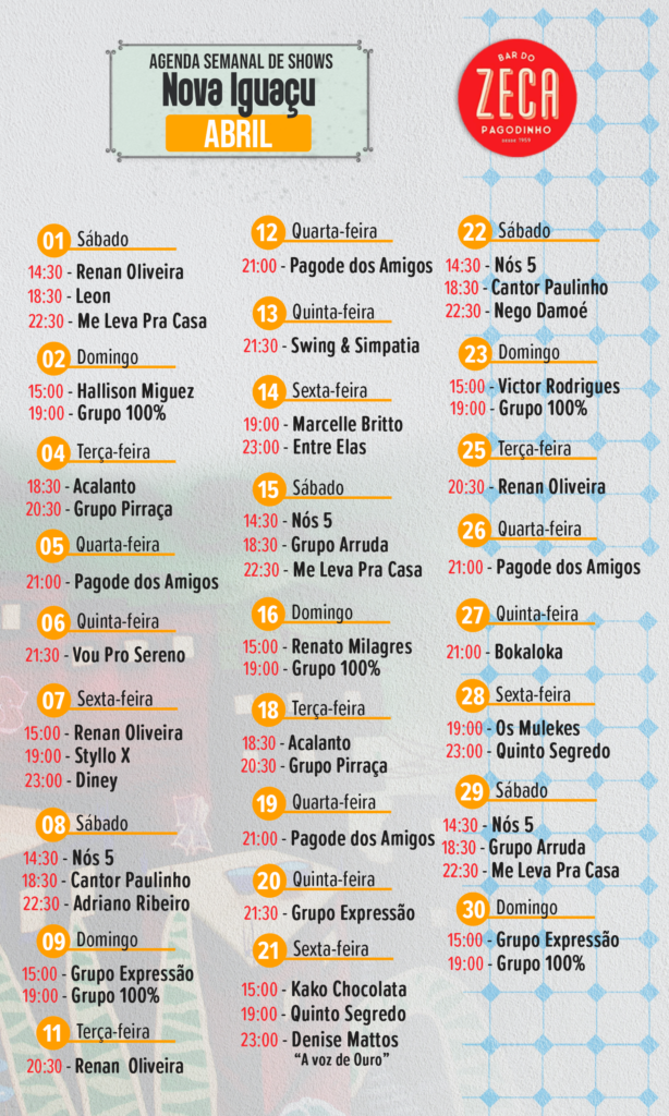 Bar do Zeca Pagodinho Nova Iguaçu Abril Agenda Cultural Rio de