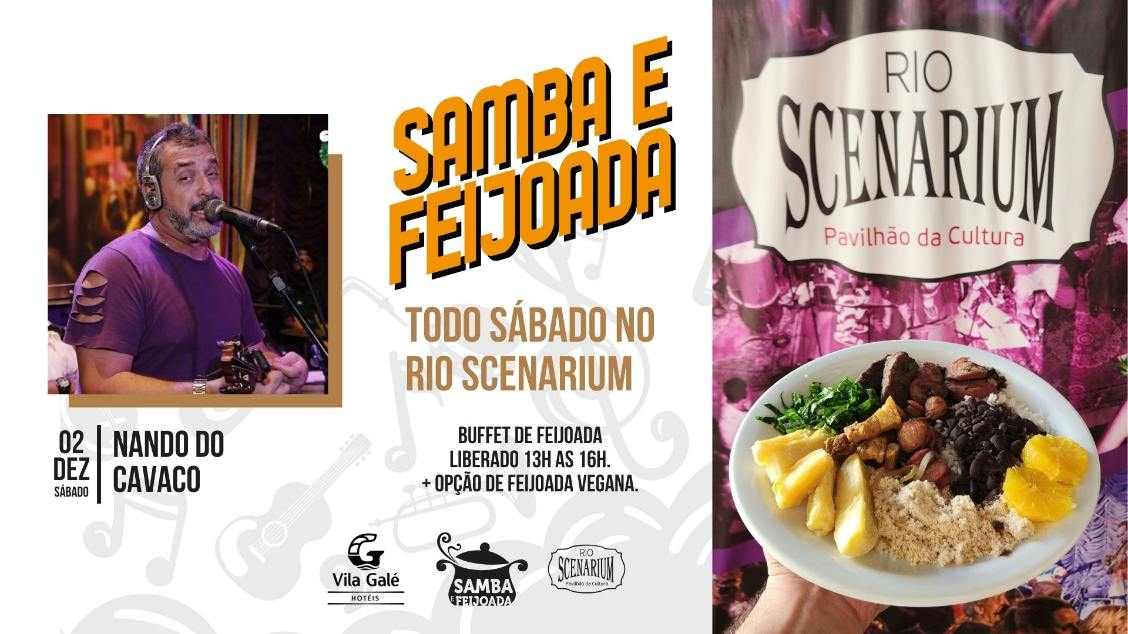  A melhor feijoada carioca com buffet à vontade com opção vegana de tofú e legumes, e penne ao molho pomodoro e o melhor da música brasileira ao vivo, com o  NANDO DO CAVACO no nosso Pavilhão da Cultura.